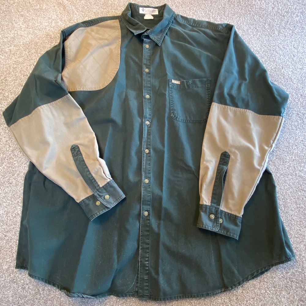 Columbia Mens Green Hunting Shirt Quilted Shooting Pad Tan‎ Forearm Patches XL